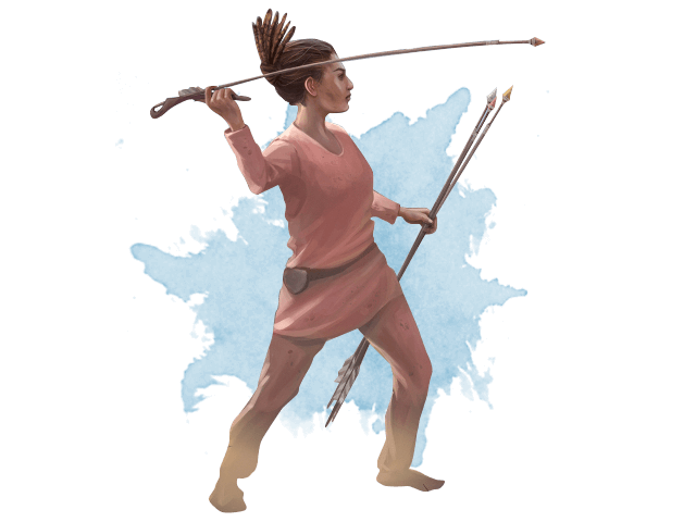 An illustration of a neolithic female hunter hurling projectiles via an attle attle