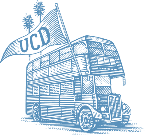 Blue graphic logo: coach bus with a waving "UC" flag