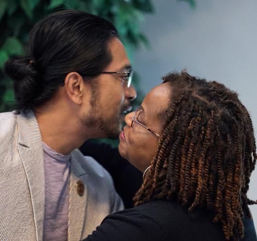 Mikael Villalobos and Vickie Gomez embrace