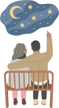 Illustration of two people sitting on a bench with arms around, one pointing at moon and stars