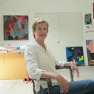 Photo: Laurie Fendrich, seated, in art studio.