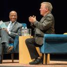 Chancellor Gary S. May and William Shatner on stage at the Mondavi Center.