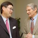 At an April 14 luncheon at the Institute of Governmental Affairs, Lon Hatamiya talks with longtime friend Richard Rominger, former U.S. deputy secretary of agriculture and a newly appointed UC Davis alumnus on the UC Board of Regents. At the eve