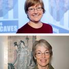 Louise Kellogg posing in KeckCAVES above and Susan Mann in front of an ancient Chinese painting, below