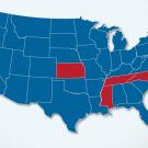 Map of the United States showing Kansas, Mississippi, North Carolina and Tennessee.