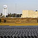 Solar panels with university in the background