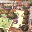 Drawing: buildings and park with street, people and cars