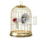 A bullhorn inside of a birdcage