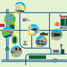 Stylized map of campus with building renderings