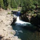 Small waterfall flows over rocks on the McCloud River. Beige rocks and conifer trees align the river bank.