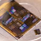  A rectangular piece of gold-colored metal printed with regular squares of different sizes and rows of colored dots. 