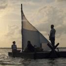 A raft on the water at sunset