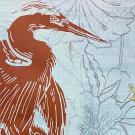 Illustration - rust heron, line-drawn plants and yellow snail on textured blue background