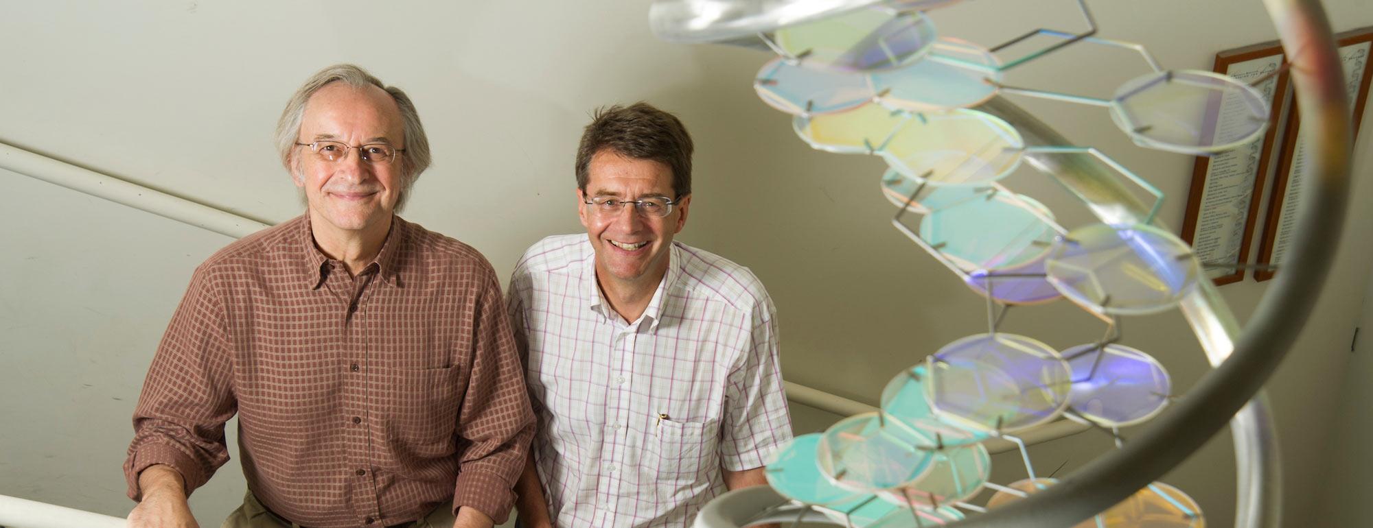 Two UC Davis proffessors pose next to a large DNA model in the UC Davis Life Sciences building