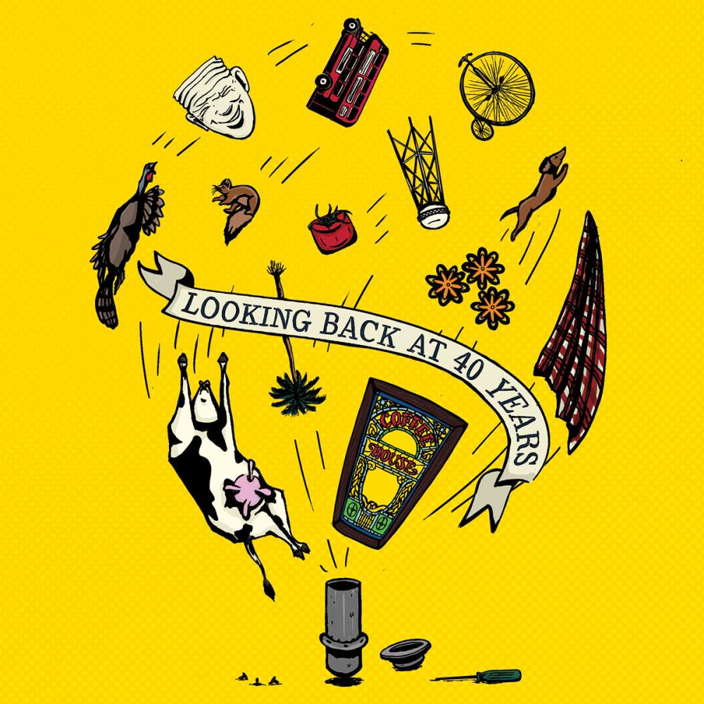 illustration of an open time capsule with objects and icons of UC Davis flying out and swirling around. A banner reads 'Looking Back at 40 Years'