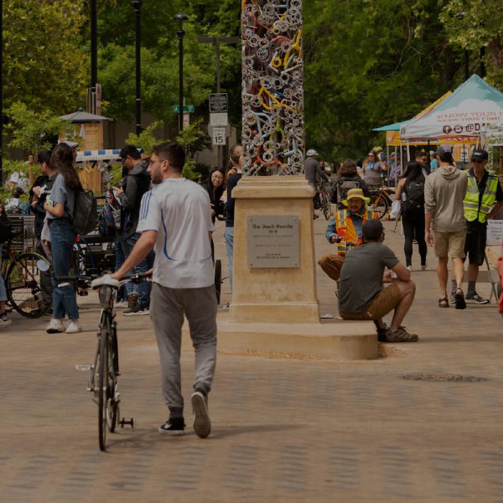 A student walks his bike through downtown Davis, California