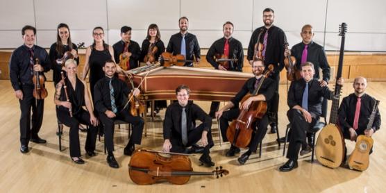 Members of Sinfonia Spirituosa on stage with their instruments.